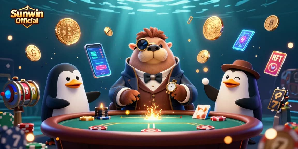 Sunwin Official showcases a lively underwater poker scene with a walrus, penguin dealer, and pufferfish, rich with casino elements.