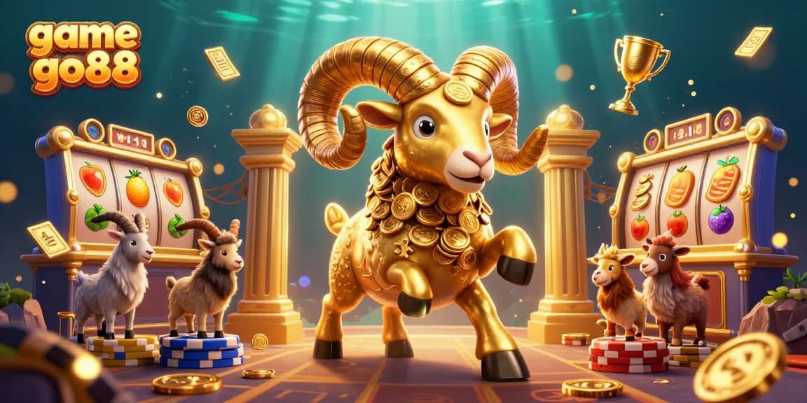 Engage with the thrilling game go88 experience featuring a golden ram charging past slot reels and golden trophies.