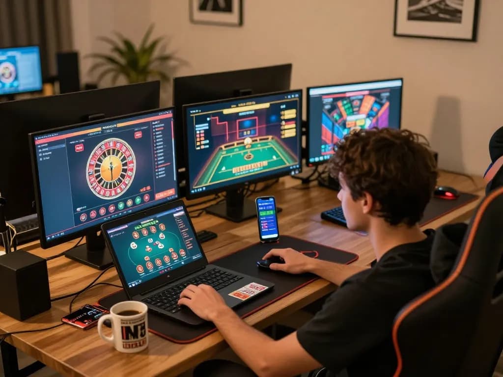 23win đăng nhập on a modern setup showcasing a gambler using multiple screens for online casino games