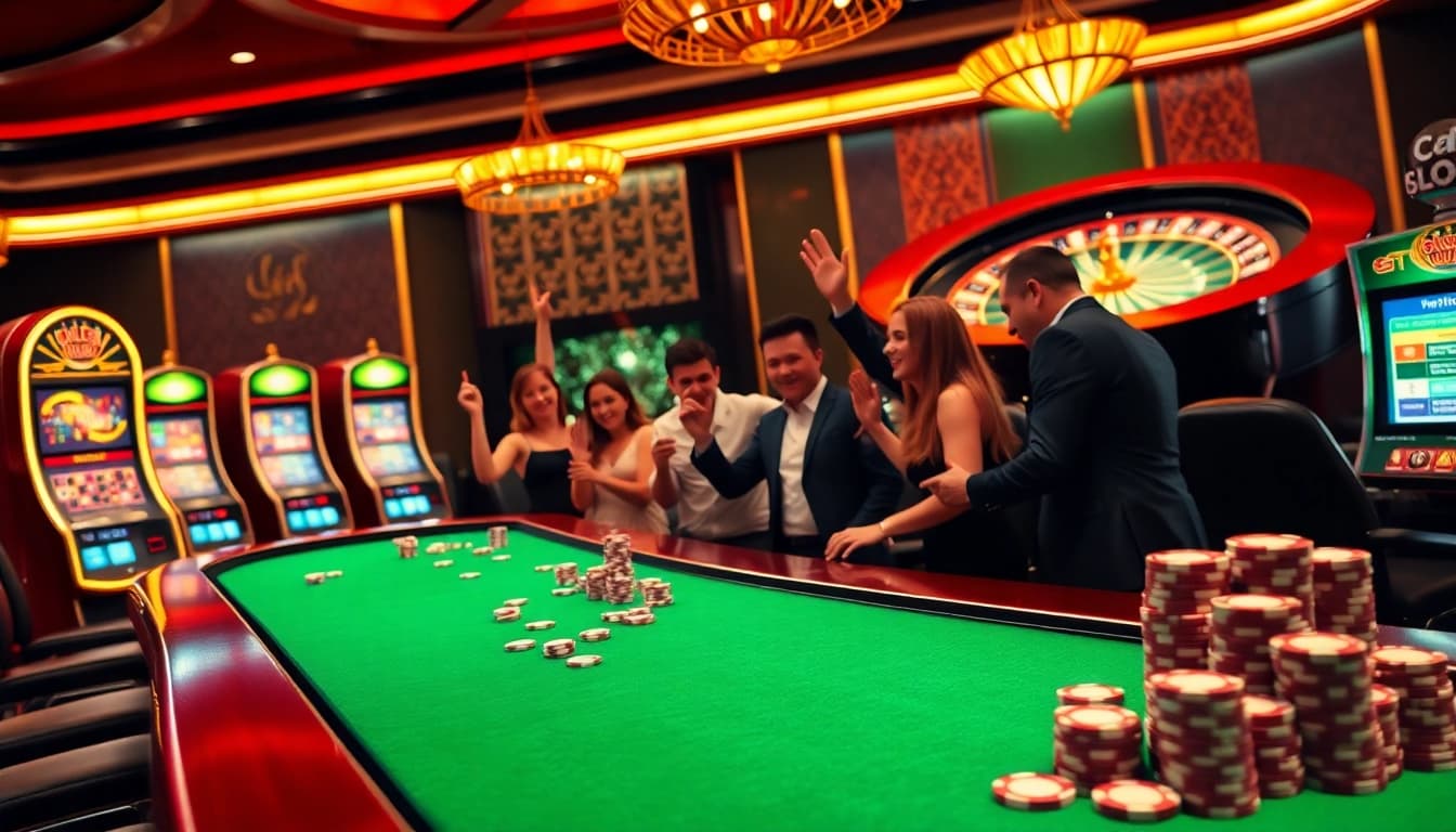Winning players celebrate at c54.gb.net's stylish casino table, enjoying high-stakes excitement.