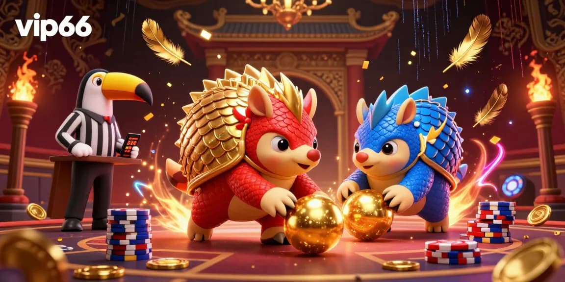 Compete in a vibrant vip66 casino scene featuring rival pangolins with dynamic poker elements.