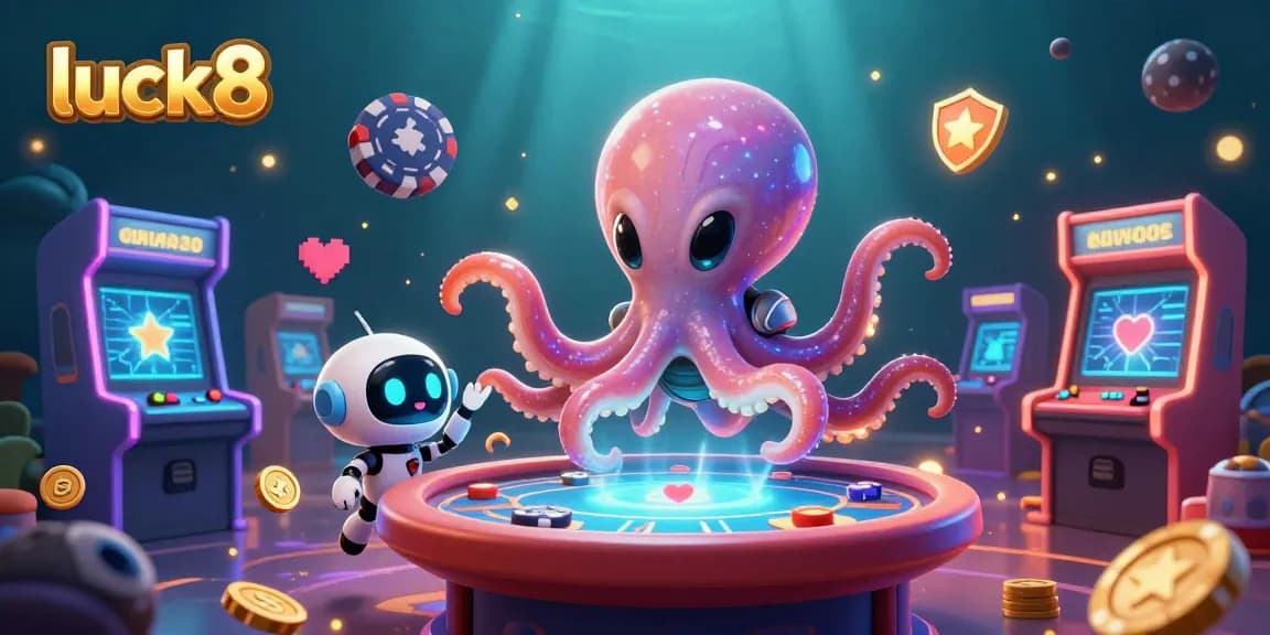 Engage in vibrant gaming action with luck8, where a colorful octopus operates a holographic poker table.