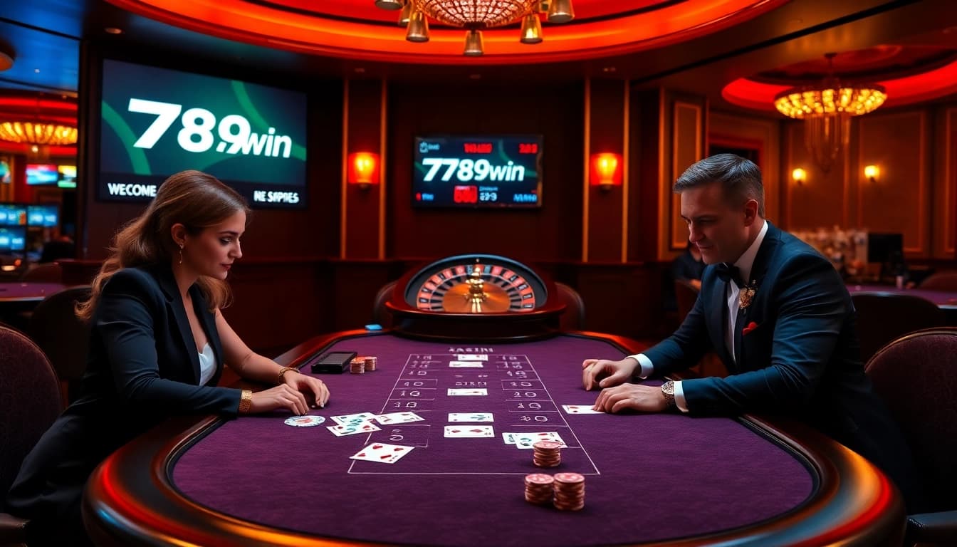 Experience high-stakes poker at 789win's luxurious casino tables with elegant players and vibrant atmosphere.