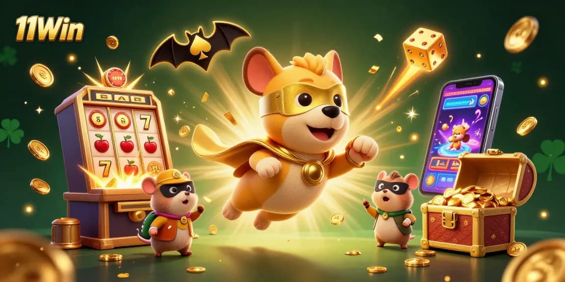Win big with 11Win's 3D cartoon dogs flying with gold coins in a casino atmosphere.