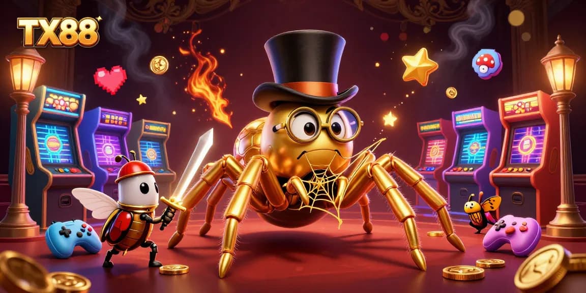 Experience the excitement of TX88 with a 3D golden tarantula and beetle knight in a vibrant casino scene.