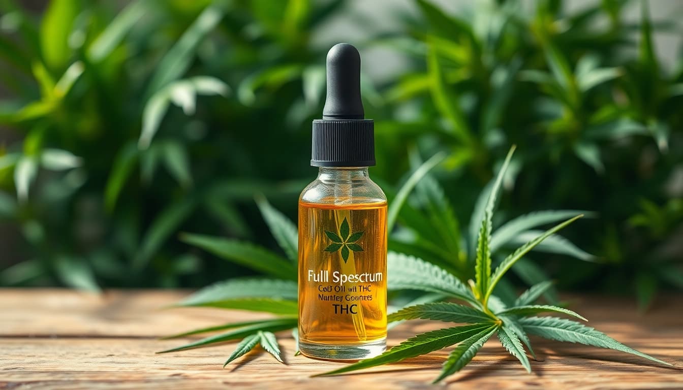 Showcasing full spectrum cbd oil with thc in a relaxing, natural setting.