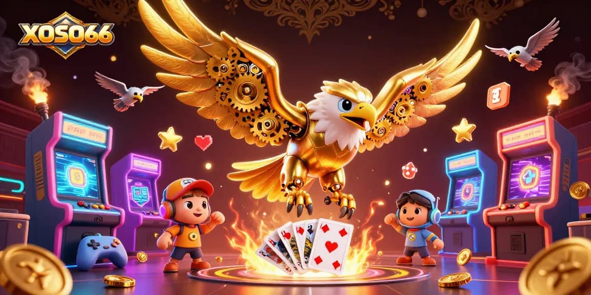 Experience thrilling gameplay at XOSO66 with an ultra-detailed 3D illustration of a cybernetic eagle amid dynamic casino elements.