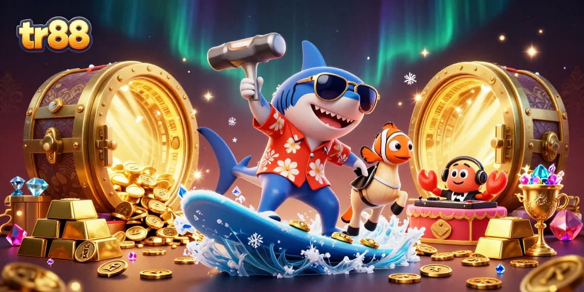 Experience thrilling gameplay at tr88 with a vibrant scene featuring a shark surfing on gold coins.