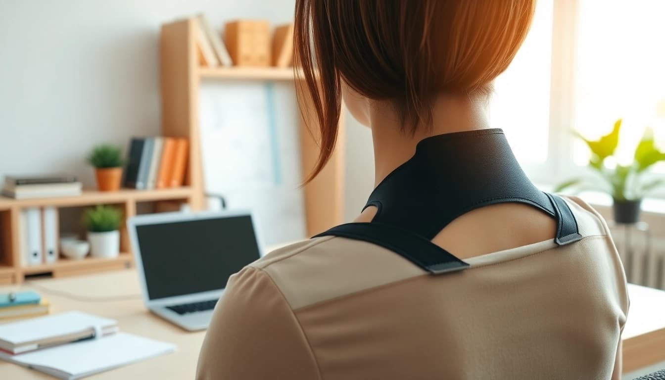 Person using a posture corrector while working at a desk in a bright home office.