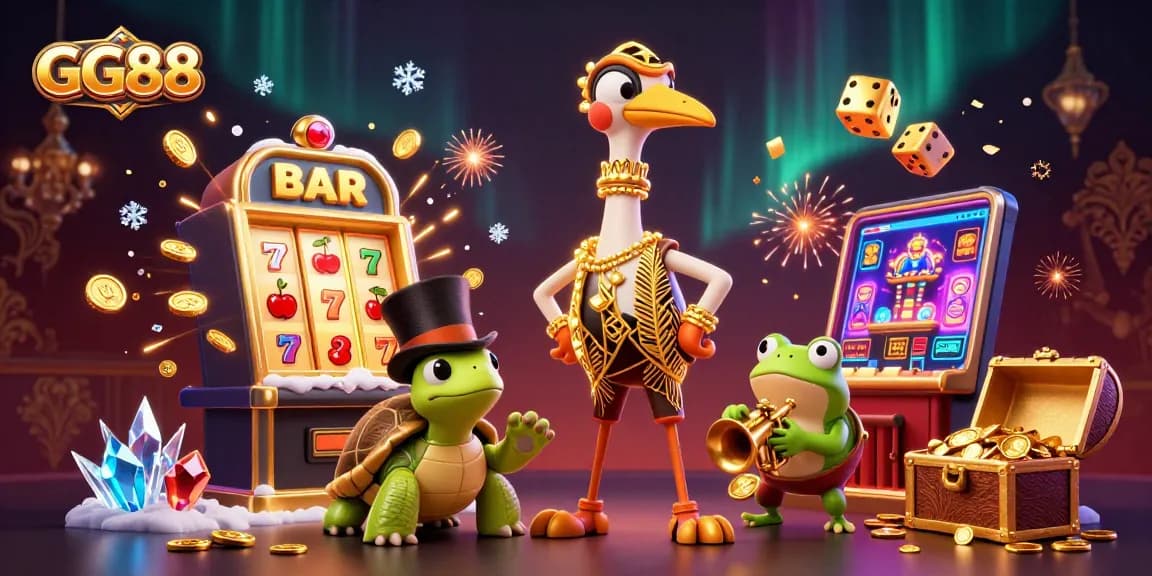 Spin the reels at GG88 in a vibrant, dynamic casino scene filled with lucky symbols and games.