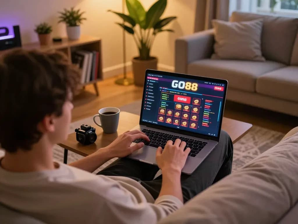 Engaging with GO88 online casino from a cozy home setting, combining strategic gaming with relaxation.
