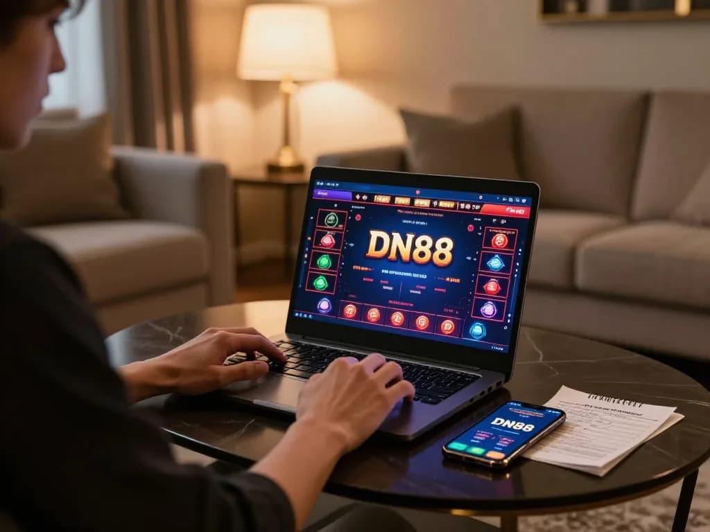 Engaging with DN88 online casino on a laptop in a cozy living room.