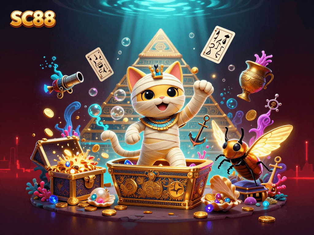 Experience SC88's thrilling gambling atmosphere with a 3D cartoon Egyptian mummy cat and golden treasures.