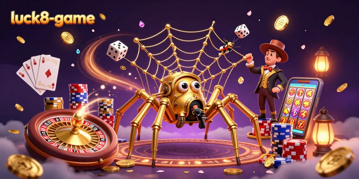 Engage in luck8-game excitement with a steampunk spider catching dice in a casino adventure.