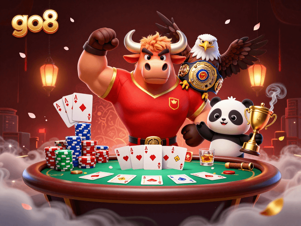 Experience thrilling wins at go8 with a dynamic game scene featuring a victorious bull mascot, eagle, and trophy.