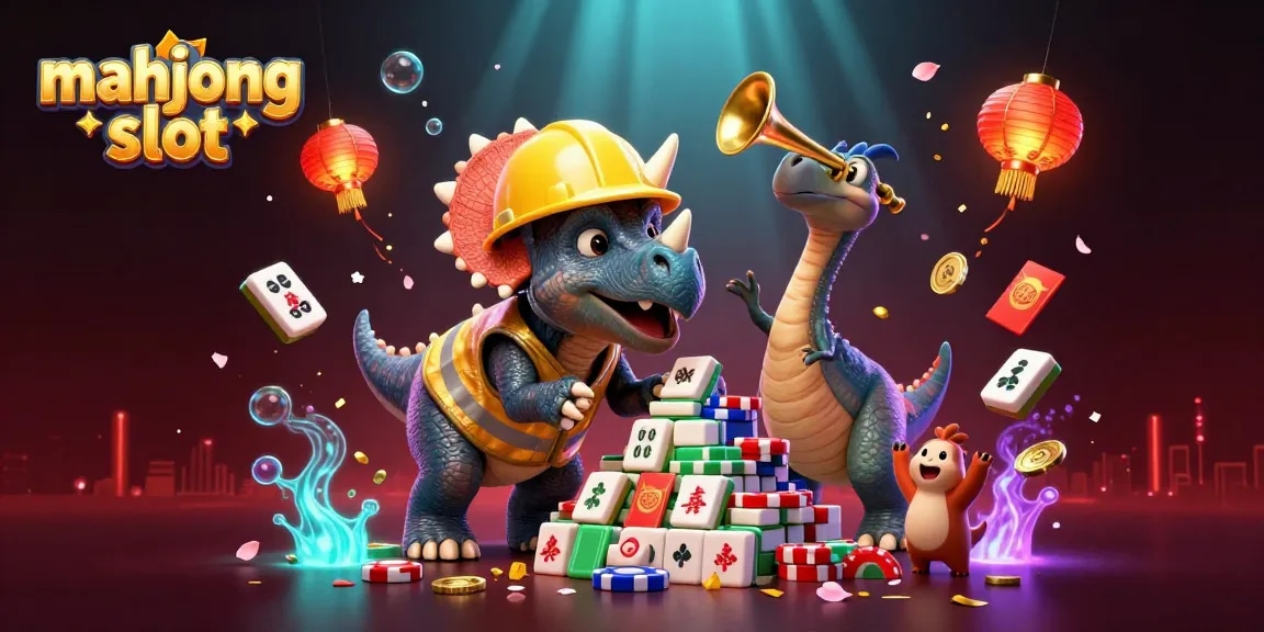 Celebrate big wins with the vibrant mahjong slot scene featuring animated characters and casino elements.