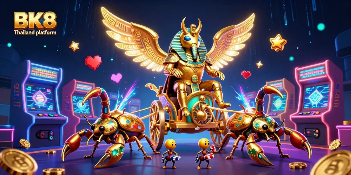 Engage with the vibrant BK8 Thailand platform featuring a dynamic online casino scene of rich characters and gaming elements.