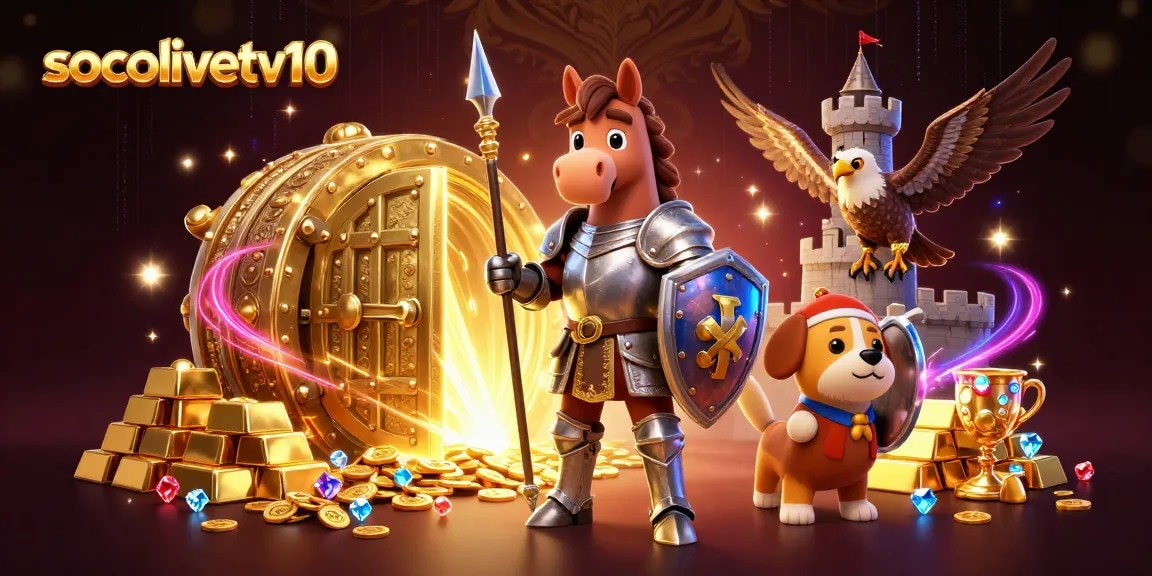 Socolivetv10 showcases a triumphant knight, playful puppy, and falcon amid vibrant casino treasures.