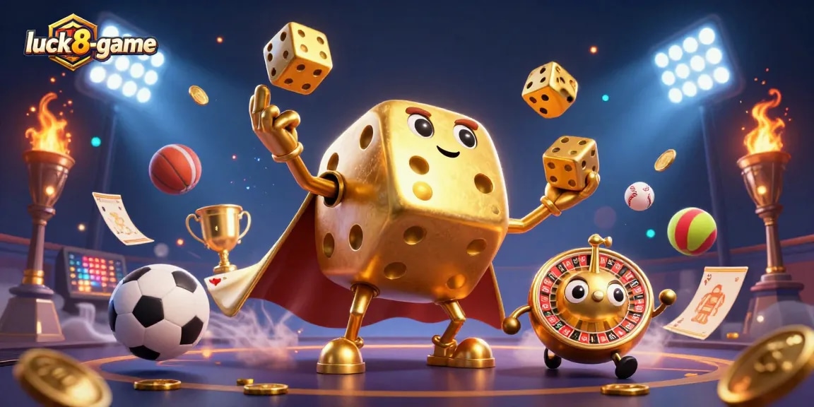 Engage with luck8-game as golden dice juggle amidst dynamic sports elements.