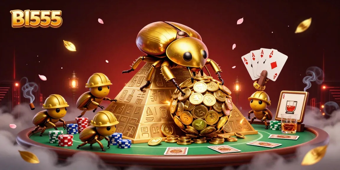 Join Bl555 for exciting casino action with golden coin beetles and poker elements.