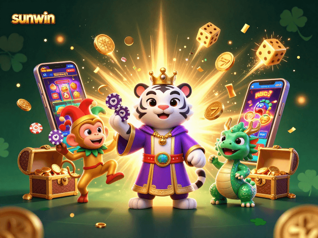 Experience the excitement of sunwin with a vibrant 3D casino scene featuring playful characters and dynamic game elements.