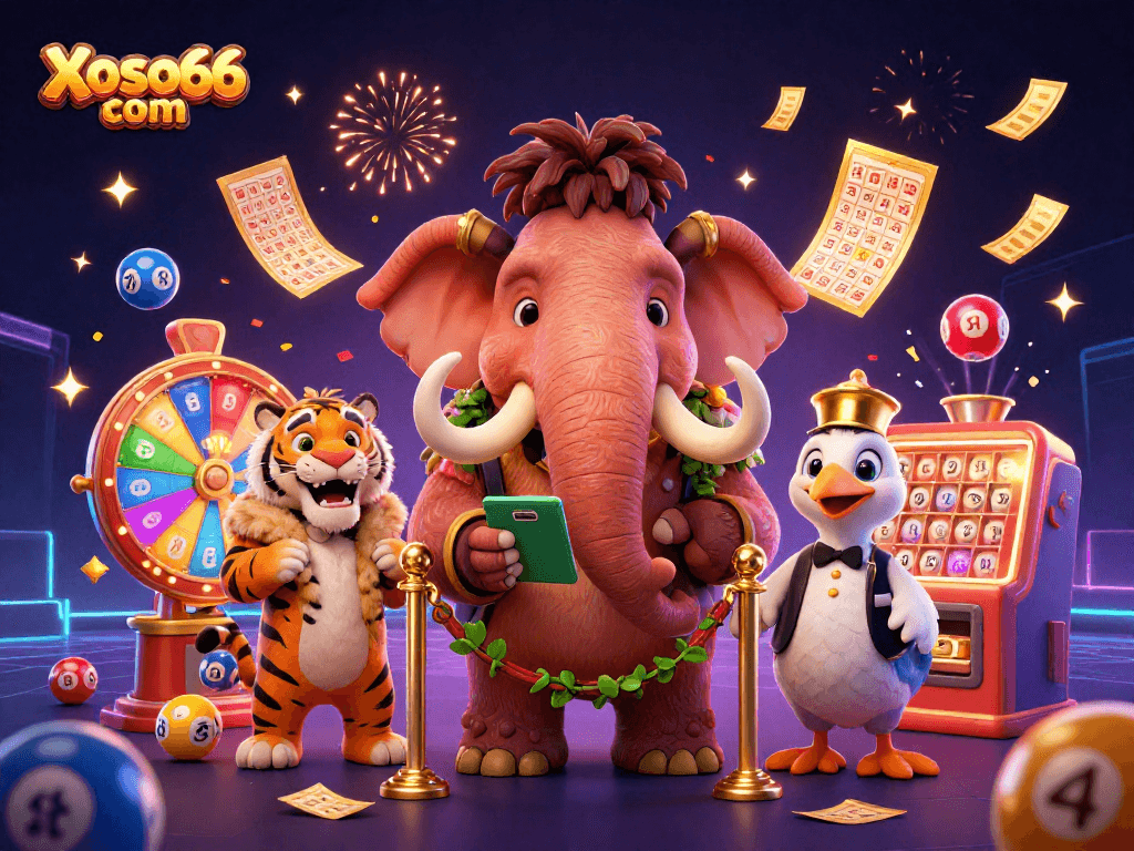 Engage with various exciting games at Xoso66 com featuring a vibrant casino atmosphere with animated lottery elements.