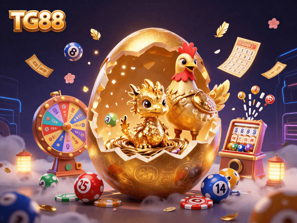 Experience TG88's vibrant gaming environment with a golden dragon and colorful lottery elements.
