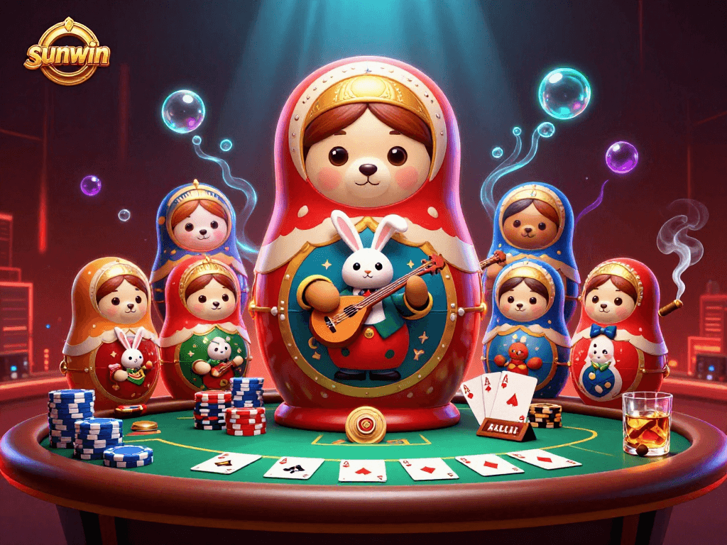 Engage in thrilling poker action with sunwin, featuring a vibrant bear-themed casino scene.