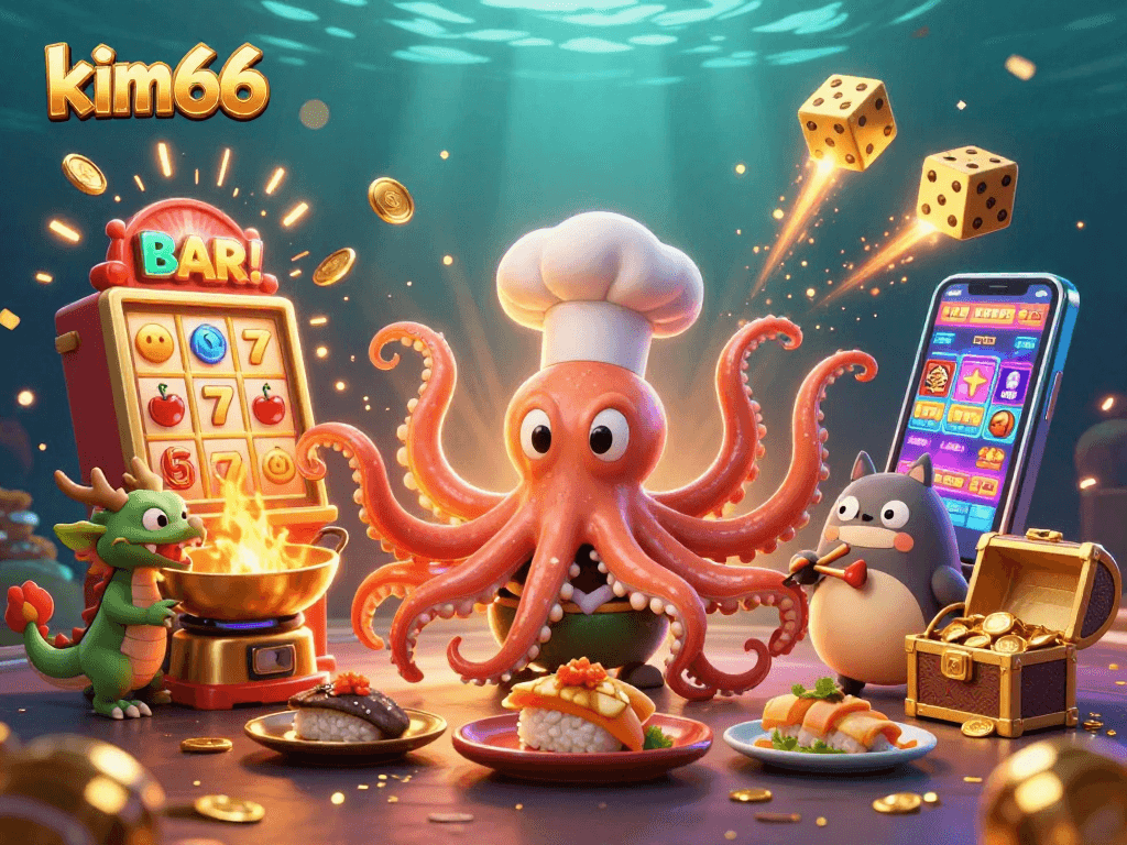 Experience thrilling moments with kim66 in an exciting 3D casino scene featuring vibrant game elements and characters.