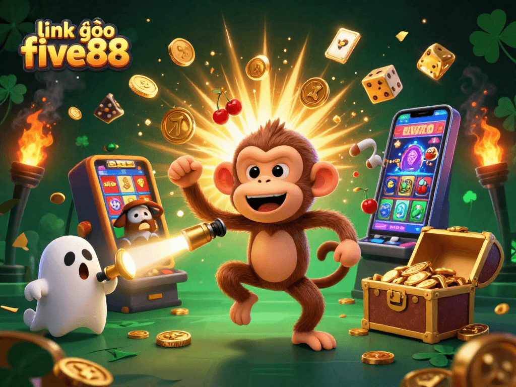 Engage with the vibrant world of link vào five88, featuring a playful poltergeist monkey and ghost-hunter puppy amid casino treasures.