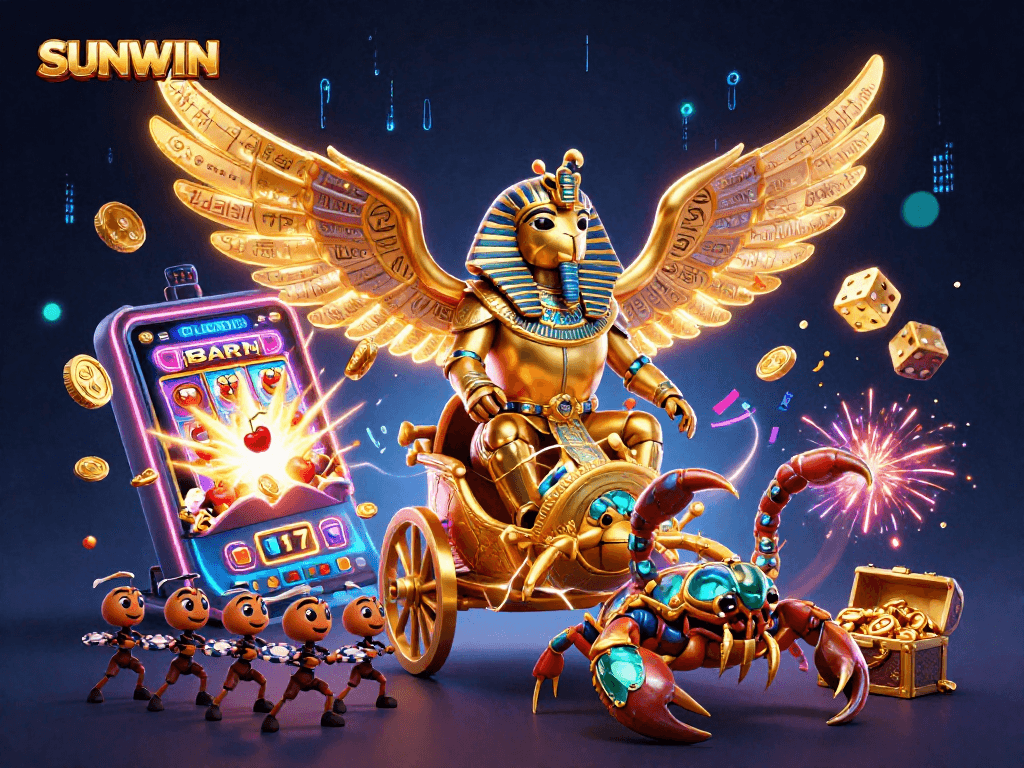 SUNWIN offers an immersive casino experience with a 3D golden scarab and vibrant slot machine elements.