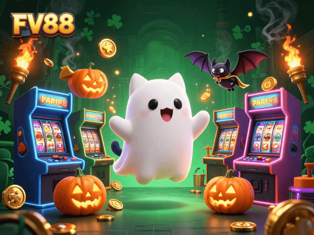 Experience thrilling gameplay at FV88 with a ghostly cat and vibrant casino lights.