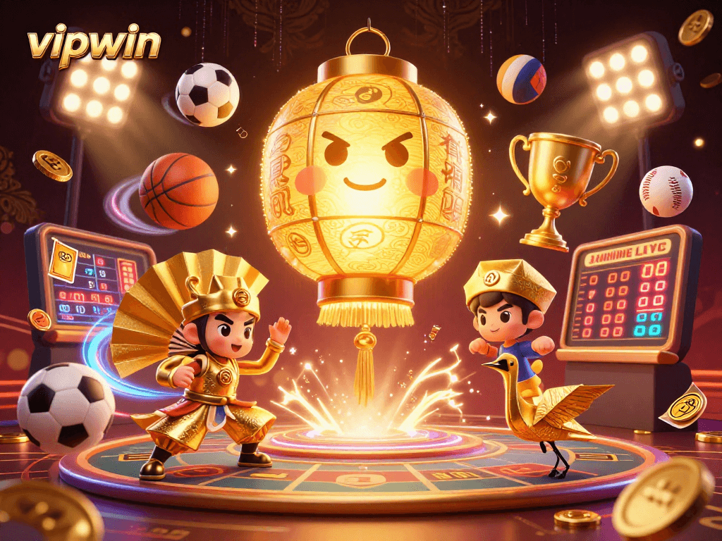 Engage with vipwin's exciting casino experience, featuring dynamic sports elements and vibrant characters.