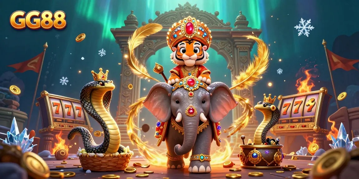 Win big with GG88 in this vibrant casino scene showcasing a mahogany tiger and its elephant companion.