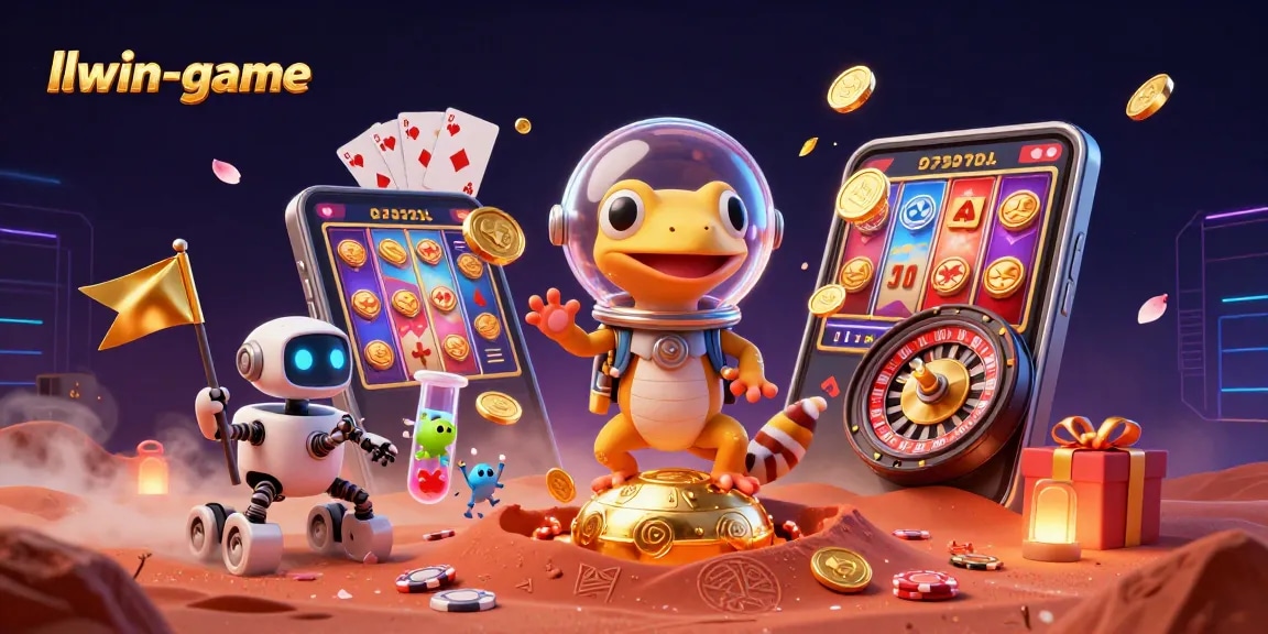 Experience the excitement of llwin-game with a vibrant Martian scene featuring a gecko, casino elements, and thrilling gaming action.