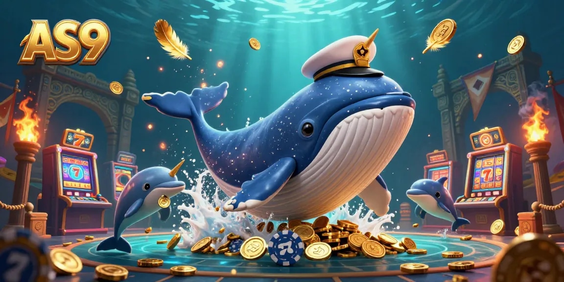 Experience the thrilling AS9 casino scene with a vibrant whale breaching through gold coins and playful dolphins!