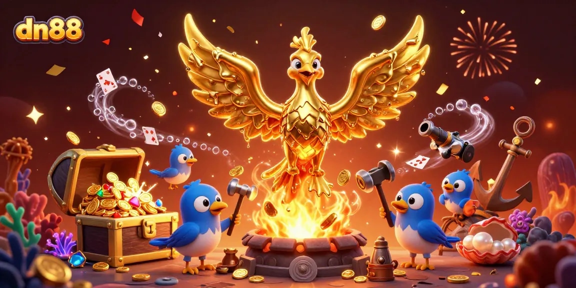 Play and win at dn88 with golden phoenix amidst dazzling treasures in this vibrant casino scene.
