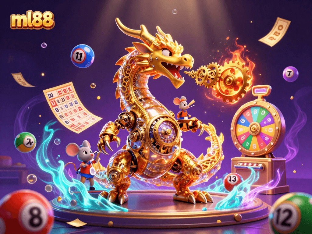 Engage with ml88's thrilling casino experience featuring a biomechanical golden dragon amidst vibrant lottery elements.