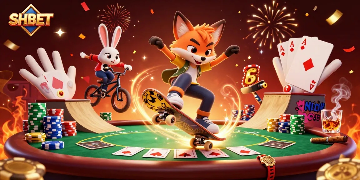 Engage with SHBET's vibrant casino experience featuring dynamic characters in a playful, colorful scene.