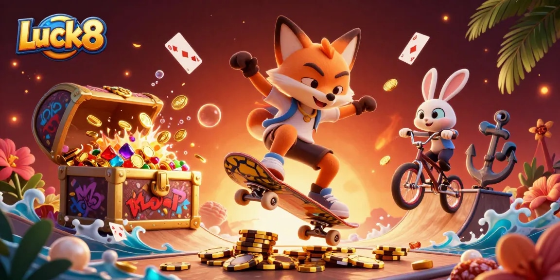 Experience Luck8 thrills with vibrant 3D casino characters in a dynamic gaming scene.