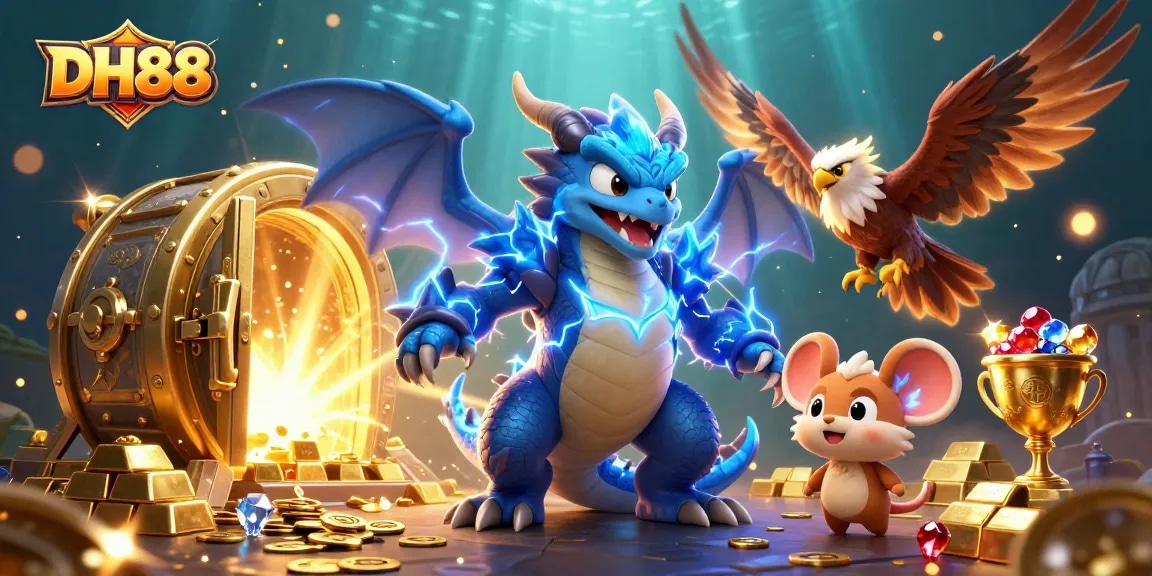 Experience exciting gameplay at DH88 with vibrant characters and treasures in a dynamic casino scene.