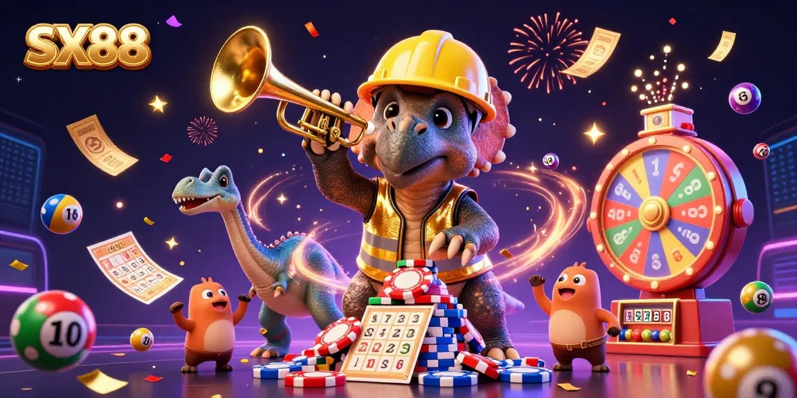 SX88 showcases a vibrant 3D scene with triceratops celebrating gaming wins amid colorful casino elements.