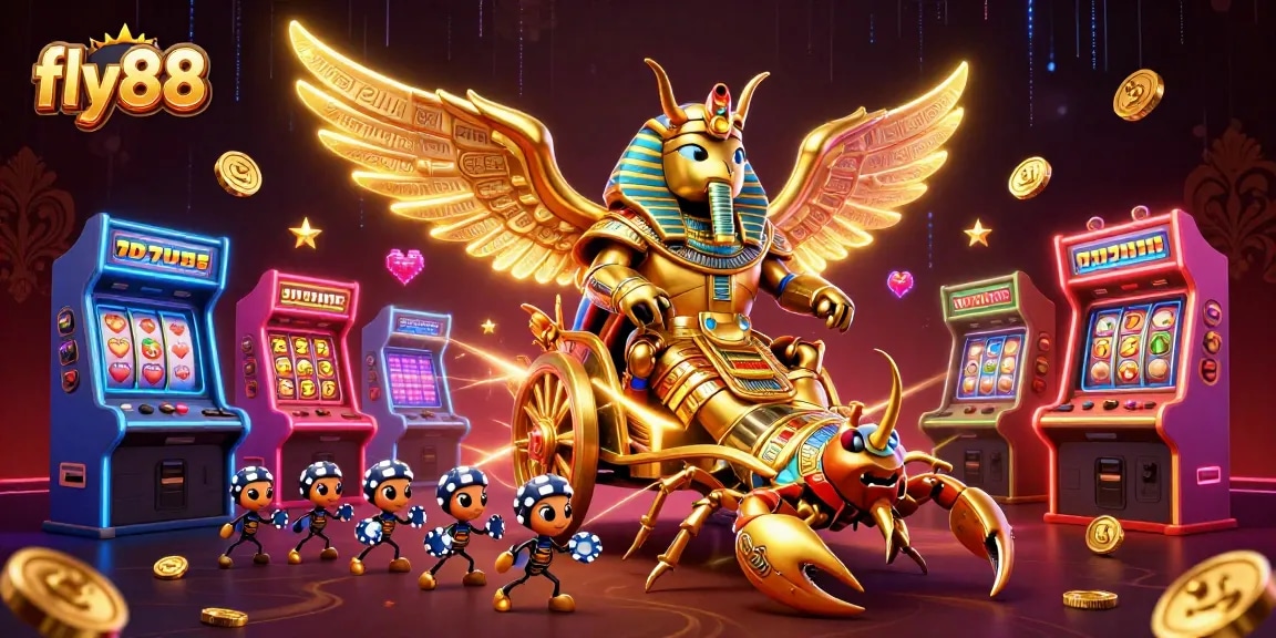 Experience excitement with fly88's immersive gaming adventures featuring golden beetles and casino elements.