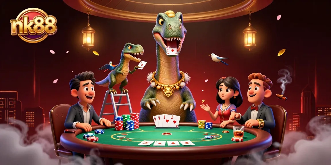 Engage with the thrilling nk88 casino scene featuring a giant brontosaurus and clever raptor at a poker table.