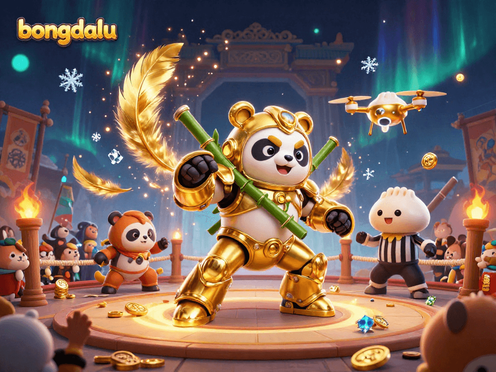Bongdalu showcases an energetic 3D scene with a golden panda and fighting robot amidst cheering spectators.