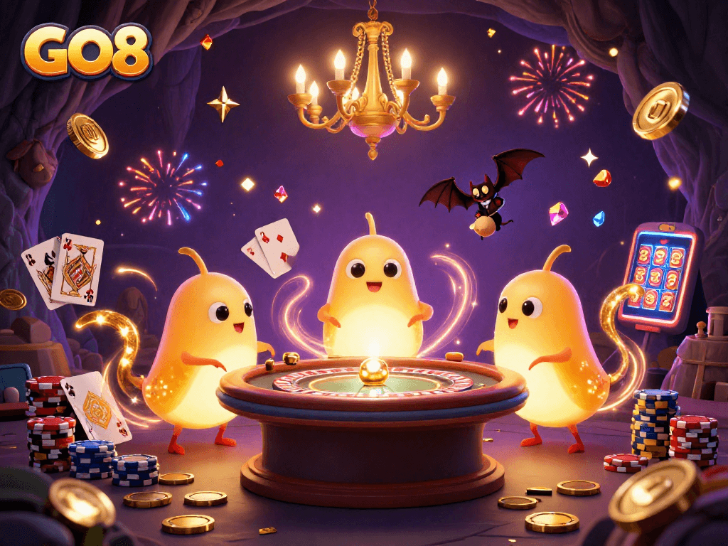 Experience the vibrant world of GO8 online gaming with glowing characters and dynamic casino elements.