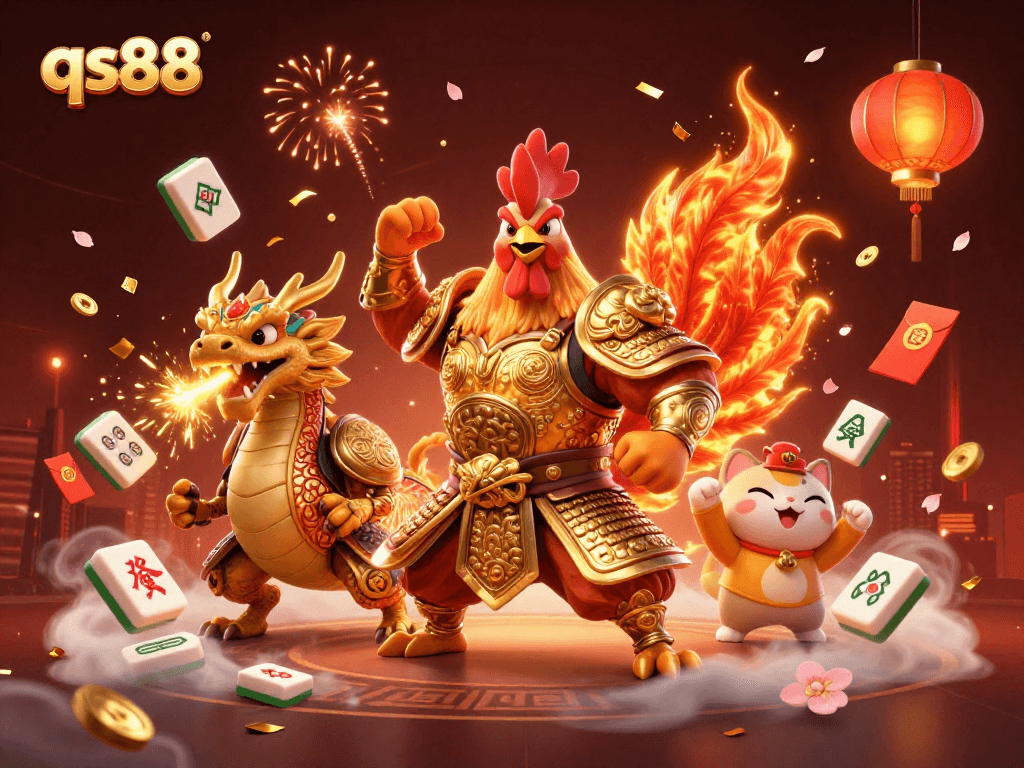 Engage in thrilling gameplay at qs88 with a dynamic scene featuring a powerful rooster and dragon amidst golden symbols.
