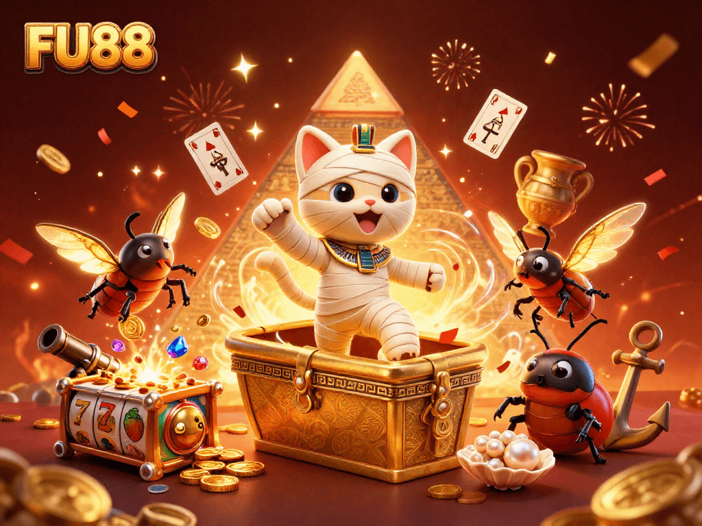 Join the thrills at FU88 Casino with a vibrant 3D scene bursting with gold and gaming excitement.