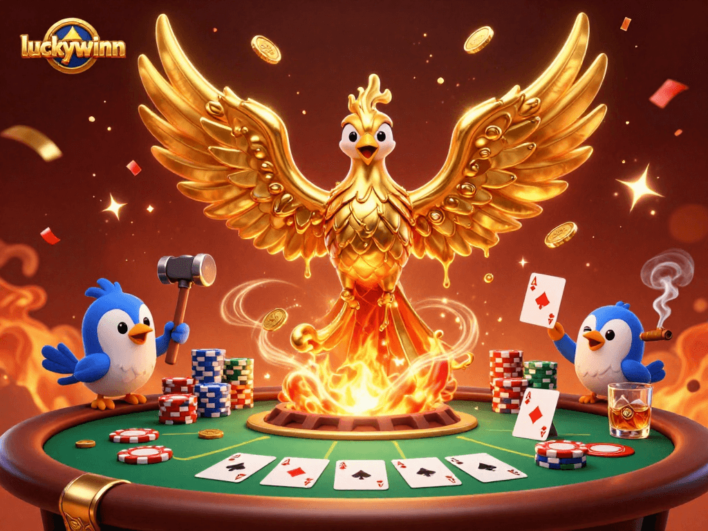 Experience the excitement of luckywinn with a golden phoenix and poker elements in a rich casino scene.