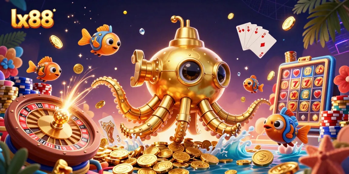 Experience thrilling gaming at lx88 with a 3D kraken submarine in a sea of golden coins and casino elements.
